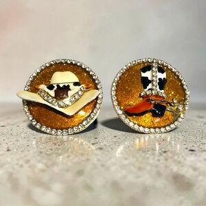 Lunch At The Ritz Western Cowboy Hat Boot Rhinestone Clip Earrings Gold Tone